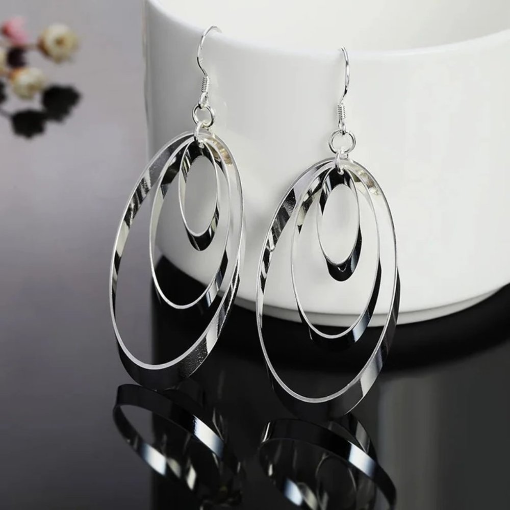 Gorgeous .925 Sterling Silver 3 Ovals Hanging Earrings - Picture 7 of 8